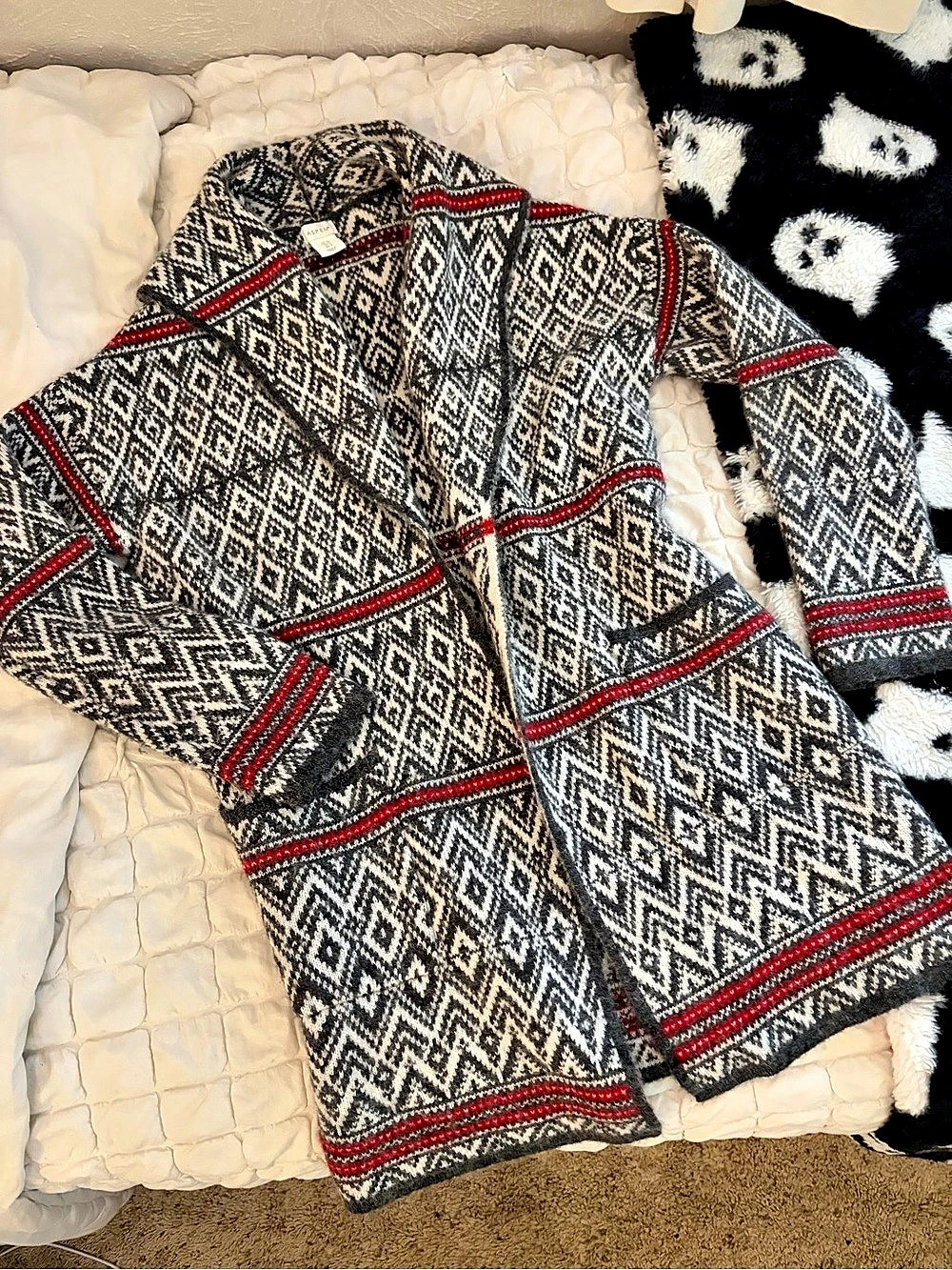 Vintage Aspen Wool Blend Geometric Fair Isle Duster Cardigan Sweater Size Small